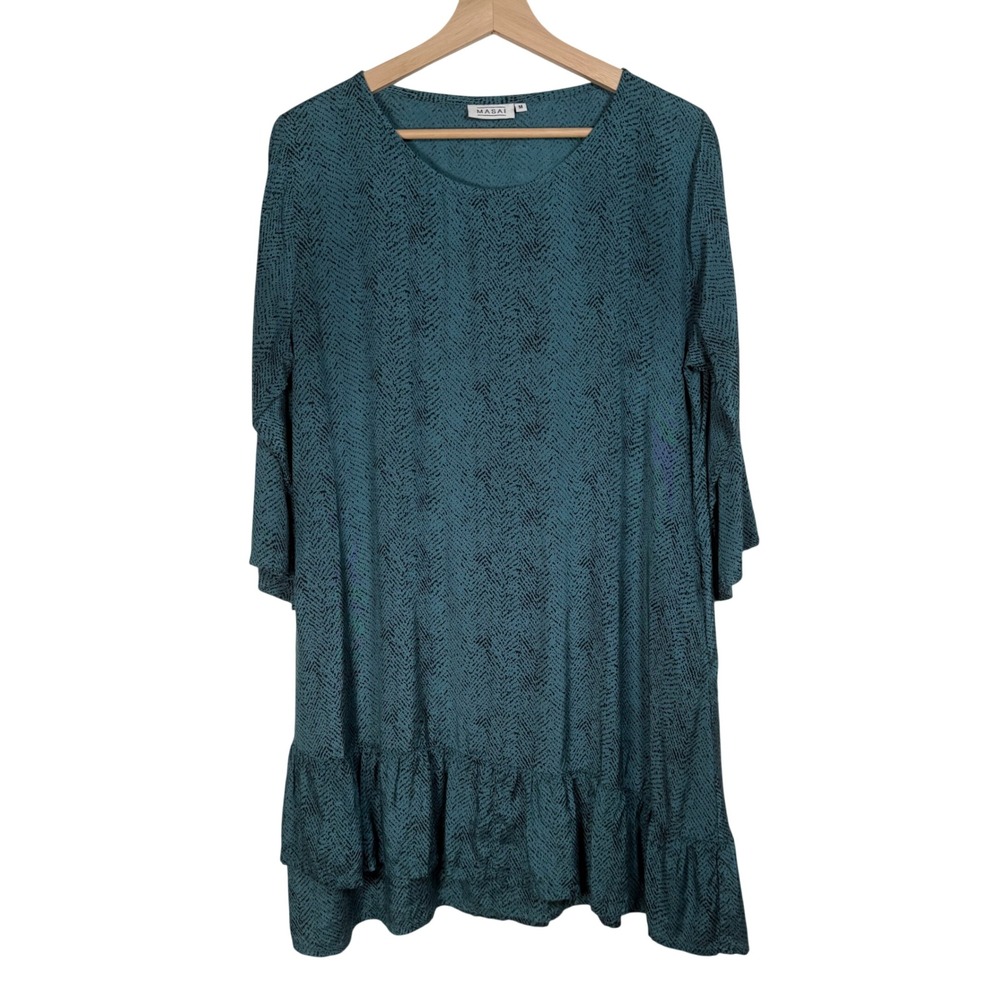 Masai Copenhagen M Teal Abstract‎ Art Tunic Dress Ruffle Hem Bell Sleeve Pockets